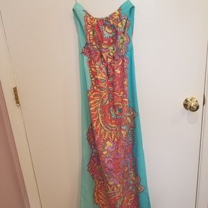 Lilly Pulitzer long aqua floral strappless size sm